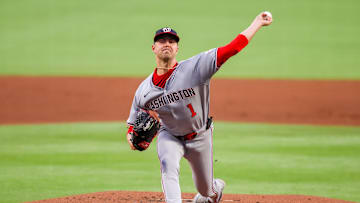 Sep 22, 2025; Atlanta, Georgia, USA; Washington Nationals starting pitcher MacKenzie Gore (1) throws against the Atlanta Braves in the first inning at Truist Park. Mandatory Credit: Brett Davis-Imagn Images
