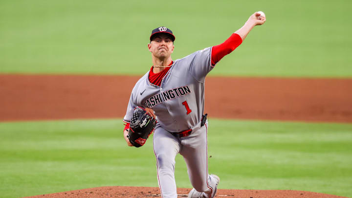 Sep 22, 2025; Atlanta, Georgia, USA; Washington Nationals starting pitcher MacKenzie Gore (1) throws against the Atlanta Braves in the first inning at Truist Park. Mandatory Credit: Brett Davis-Imagn Images