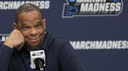 Mar 20, 2024; Charlotte, NC, USA; North Carolina Tar Heels head coach Hubert Davis during a press conference at Spectrum Center. Mandatory Credit: Bob Donnan-Imagn Images