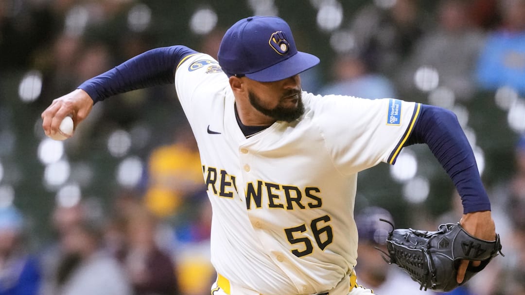 May 5, 2025; Milwaukee, Wisconsin, USA;  Milwaukee Brewers pitcher Grant Anderson (56) throws a pitch during the eighth inning against the Houston Astros at American Family Field. Mandatory Credit: Jeff Hanisch-Imagn Images