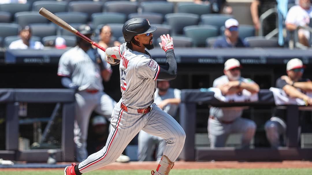 Jul 4, 2026; Bronx, New York, USA;  Minnesota Twins center fielder Byron Buxton (25) hits an RBI double in the first inning against the New York Yankees at Yankee Stadium. Mandatory Credit: Wendell Cruz-Imagn Images