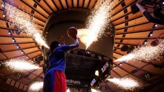 Feb 26, 2024; New York, New York, USA; Detroit Pistons forward Ausar Thompson (9) warms up as the