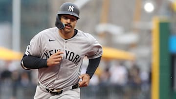Apr 5, 2025; Pittsburgh, Pennsylvania, USA;  New York Yankees center fielder Trent Grisham (12) circles the bases after hitting a three run home run against the Pittsburgh Pirates during the fifth inning at PNC Park. Mandatory Credit: Charles LeClaire-Imagn Images