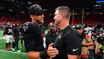 Aug 18, 2023; Atlanta, Georgia, USA; Atlanta Falcons quarterback Desmond Ridder (9) greets