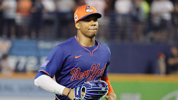 Mar 14, 2025; Port St. Lucie, Florida, USA;  New York Mets outfielder Juan Soto (22) returns from the field during the sixth inning against the St. Louis Cardinals at Clover Park. Mandatory Credit: Reinhold Matay-Imagn Images