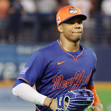 Mar 14, 2025; Port St. Lucie, Florida, USA;  New York Mets outfielder Juan Soto (22) returns from the field during the sixth inning against the St. Louis Cardinals at Clover Park. Mandatory Credit: Reinhold Matay-Imagn Images