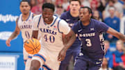 Kansas Jayhawks forward Flory Bidunga (40) runs the ball back after a Kansas State Wildcats rebound in the first half of the Sunflower Showdown game inside Allen Fieldhouse Saturday, Jan. 18, 2025.