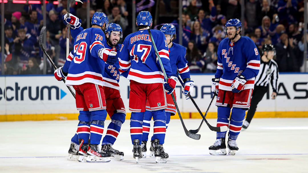 Feb 2, 2025; New York, New York, USA; New York Rangers defenseman K'Andre Miller (79) celebrates his goal against the Vegas Golden Knights during the third period at Madison Square Garden. Mandatory Credit: Danny Wild-Imagn Images