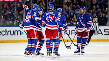 Feb 2, 2025; New York, New York, USA; New York Rangers defenseman K'Andre Miller (79) celebrates his goal against the Vegas Golden Knights during the third period at Madison Square Garden. Mandatory Credit: Danny Wild-Imagn Images