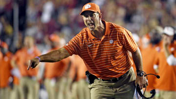 Oct 15, 2022; Tallahassee, Florida, USA; Clemson Tigers head coach Dabo Swinney reacts during the second half against the Florida State Seminoles at Doak S. Campbell Stadium.