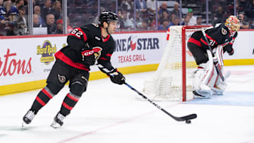 Sep 24, 2024; Ottawa, Ontario, CAN;Ottawa Senators defenseman Jeremy Davies (62) skates with the puck in the second period against the  Toronto Maple Leafs at the Canadian Tire Centre. Mandatory Credit: Marc DesRosiers-Imagn Images