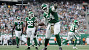Nov 17, 2024; East Rutherford, New Jersey, USA; New York Jets defensive tackle Javon Kinlaw (54) reacts during the third quarter against the Indianapolis Colts at MetLife Stadium. Mandatory Credit: Brad Penner-Imagn Images
