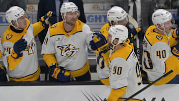 Jan 25, 2025; Anaheim, California, USA; Nashville Predators center Ryan O'Reilly (90) is congratulated at the bench after scoring a goal in the second period against the Anaheim Ducks at Honda Center. Mandatory Credit: Jayne Kamin-Oncea-Imagn Images