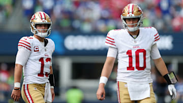 San Francisco 49ers quarterbacks Brock Purdy and Mac Jones
