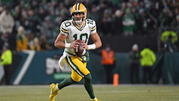 Jan 12, 2025; Philadelphia, Pennsylvania, USA; Green Bay Packers quarterback Jordan Love (10) against the Philadelphia Eagles in an NFC wild card game at Lincoln Financial Field. Mandatory Credit: Eric Hartline-Imagn Images