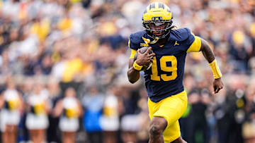 Michigan quarterback Bryce Underwood (19) runs against Central Michigan during the first half at Michigan Stadium in Ann Arbor on Saturday, Sept. 13, 2025.