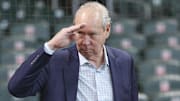 May 10, 2025; Houston, Texas, USA; Houston Astros owner Jim Crane gives a salute before the game against the Cincinnati Reds at Daikin Park.