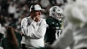 Aug 29, 2025; East Lansing, Michigan, USA; Michigan State Spartans head coach Jonathan Smith reacts to a play in the third quarter at Spartan Stadium. Mandatory Credit: Brendan Mullin-Imagn Images