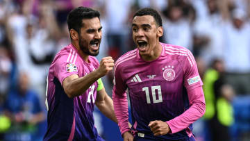 Jamal Musiala (right) celebrates with Ilkay Gundogan (left) after scoring against Hungary