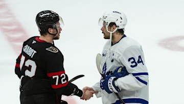 May 1, 2025; Ottawa, Ontario, CAN; Ottawa Senators defenseman Thomas Chabot (72) shakes hands with Toronto Maple Leafs center Auston Matthews (34) following the Toronto Maple Leafs win in game six of the first round of the 2025 Stanley Cup Playoffs at Canadian Tire Centre. Mandatory Credit: Marc DesRosiers-Imagn Images