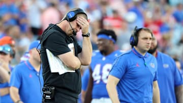 Oct 28, 2023; Jacksonville, Florida, USA; Florida Gators head coach Billy Napier reacts against the Georgia Bulldogs during the second half at EverBank Stadium. Mandatory Credit: Kim Klement Neitzel-Imagn Images