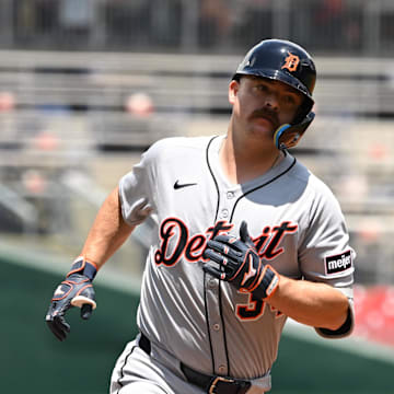 Jake Rogers, in his day job as a catcher, rounds third base after a home run against the Nationals.
