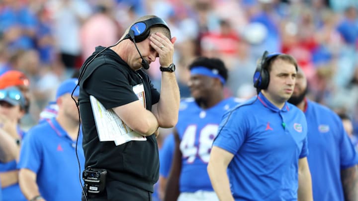 Oct 28, 2023; Jacksonville, Florida, USA; Florida Gators head coach Billy Napier reacts against the Georgia Bulldogs during the second half at EverBank Stadium. Mandatory Credit: Kim Klement Neitzel-Imagn Images