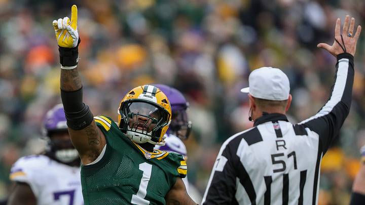 Green Bay Packers defensive end Micah Parsons (1) celebrates after sacking Minnesota Vikings quarterback J.J. McCarthy on Sunday, November 23, 2025, at Lambeau Field in Green Bay, Wis. The Packers won the game, 23-6.
Tork Mason/USA TODAY NETWORK-Wisconsin