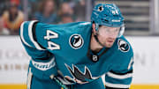 Jan 25, 2025; San Jose, California, USA; San Jose Sharks defenseman Marc-Edouard Vlasic (44) waits for a faceoff against the Florida Panthers during the third period at SAP Center at San Jose. Mandatory Credit: Robert Edwards-Imagn Images