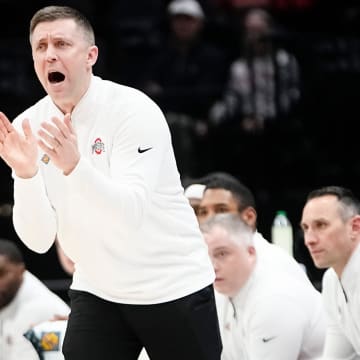 Mar 19, 2024; Columbus, OH, USA; Ohio State Buckeyes head coach Jake Diebler yells during the first half of the NIT basketball game against the Cornell Big Red at Value City Arena.