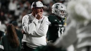 Aug 29, 2025; East Lansing, Michigan, USA; Michigan State Spartans head coach Jonathan Smith reacts to a play in the third quarter at Spartan Stadium. Mandatory Credit: Brendan Mullin-Imagn Images
