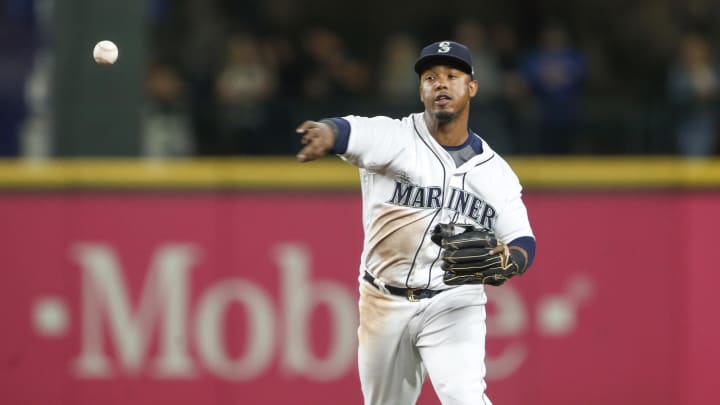 Seattle Mariners shortstop Jean Segura (2) commits a throwing error against the Baltimore Orioles during the fifth inning at Safeco Field in 2018.