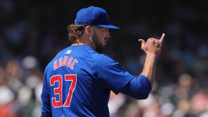 Jun 27, 2024; San Francisco, California, USA; Chicago Cubs relief pitcher Porter Hodge (37) gestures during the tenth inning against the San Francisco Giants at Oracle Park.