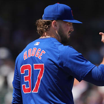 Jun 27, 2024; San Francisco, California, USA; Chicago Cubs relief pitcher Porter Hodge (37) gestures during the tenth inning against the San Francisco Giants at Oracle Park