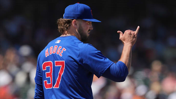 Jun 27, 2024; San Francisco, California, USA; Chicago Cubs relief pitcher Porter Hodge (37) gestures during the tenth inning against the San Francisco Giants at Oracle Park