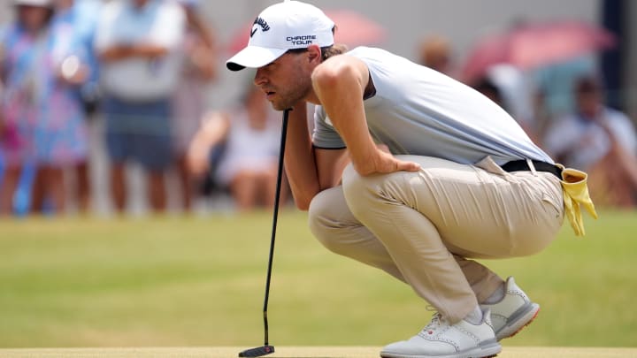 Thomas Detry prepares to putt on the 1st green during the final round of the 2024 U.S. Open.