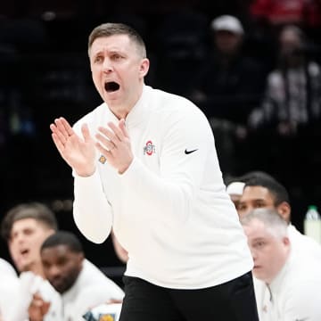 Mar 19, 2024; Columbus, OH, USA; Ohio State Buckeyes head coach Jake Diebler yells during the first half of the NIT basketball game against the Cornell Big Red at Value City Arena.