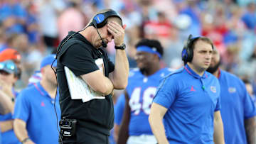 Oct 28, 2023; Jacksonville, Florida, USA; Florida Gators head coach Billy Napier reacts against the Georgia Bulldogs during the second half at EverBank Stadium. 
