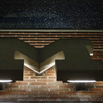 Nov 4, 2017; Ann Arbor, MI, USA; A view of the block M in the rain at the east entrance of Michigan Stadium during a weather delay before the game between the Michigan Wolverines and the Minnesota Golden Gophers. Mandatory Credit: Raj Mehta-Imagn Images