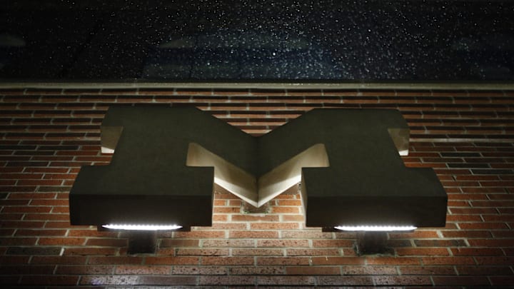 Nov 4, 2017; Ann Arbor, MI, USA; A view of the block M in the rain at the east entrance of Michigan Stadium during a weather delay before the game between the Michigan Wolverines and the Minnesota Golden Gophers. Mandatory Credit: Raj Mehta-Imagn Images