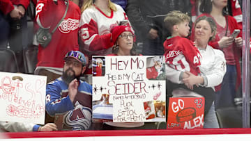 Mar 25, 2025; Denver, Colorado, USA; Detroit Red Wings and Colorado Avalanche fans cheer before the game at Ball Arena. Mandatory Credit: Ron Chenoy-Imagn Images