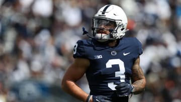 Apr 13, 2024; University Park, PA, USA; Penn State Nittany Lions wide receiver Julian Fleming (3) runs behind the line of scrimmage during the second quarter of the Blue White spring game at Beaver Stadium. The White team defeated the Blue team 27-0. Mandatory Credit: Matthew O'Haren-USA TODAY Sports