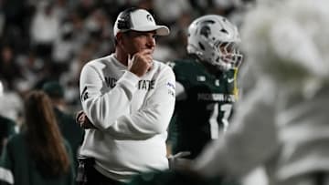 Aug 29, 2025; East Lansing, Michigan, USA; Michigan State Spartans head coach Jonathan Smith reacts to a play in the third quarter at Spartan Stadium. Mandatory Credit: Brendan Mullin-Imagn Images
