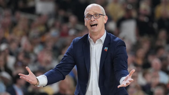 Apr 8, 2024; Glendale, AZ, USA; Connecticut Huskies head coach Dan Hurley reacts against the Purdue Boilermakers in the national championship game of the Final Four of the 2024 NCAA Tournament at State Farm Stadium. Mandatory Credit: Robert Deutsch-USA TODAY Sports