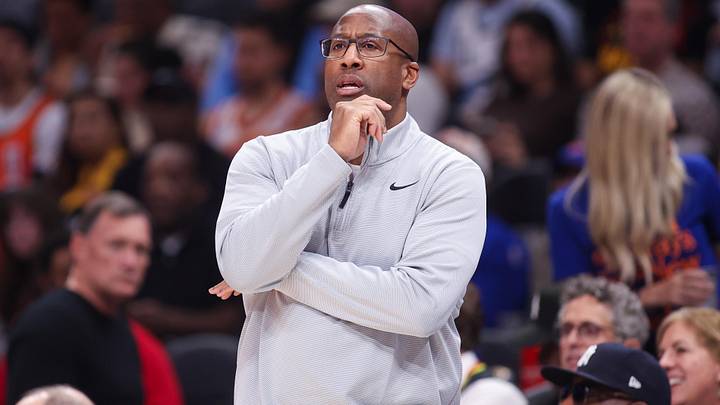 Dec 27, 2025; Atlanta, Georgia, USA; New York Knicks head coach Mike Brown on the sideline against the Atlanta Hawks in the first quarter at State Farm Arena. Mandatory Credit: Brett Davis-Imagn Images
