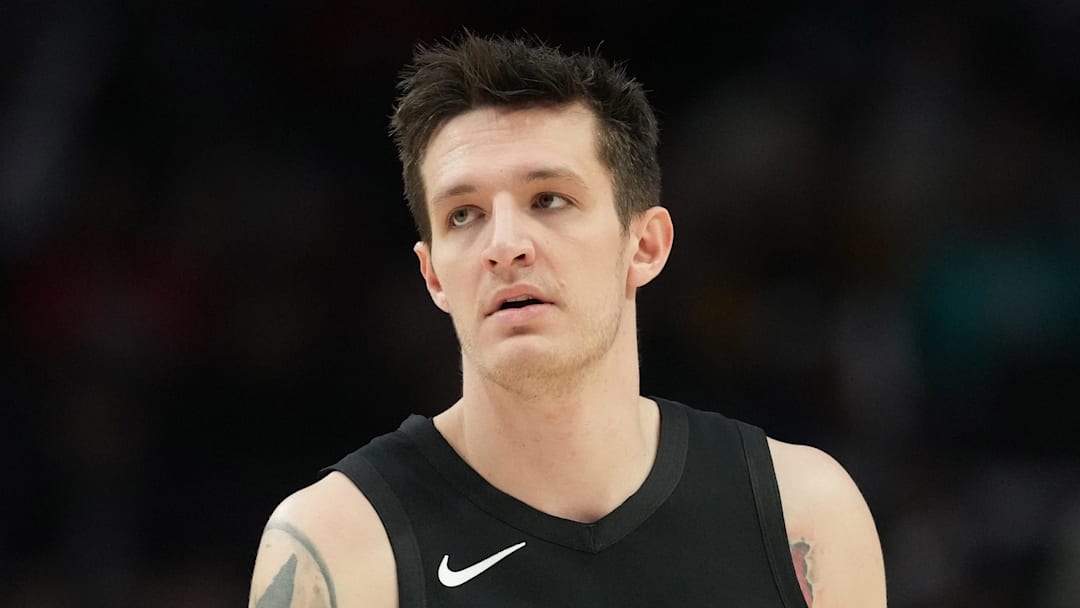 Feb 7, 2026; Portland, Oregon, USA; Portland Trail Blazers guard Vit Krejci (27) looks on 
during the first half against the Memphis Grizzlies at Moda Center. Mandatory Credit: Soobum Im-Imagn Images