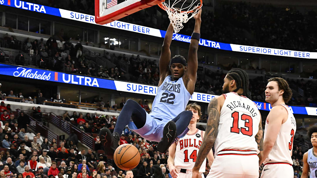 Mar 16, 2026; Chicago, Illinois, USA; Memphis Grizzlies forward Taylor Hendricks (22) dunks the ball against the Chicago Bulls during the second half at United Center. Mandatory Credit: Matt Marton-Imagn Images