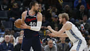 Dec 5, 2025; Memphis, Tennessee, USA; Los Angeles Clippers center Ivica Zubac (40) handles the ball as Memphis Grizzlies center Jock Landale (31) defends during the second quarter at FedExForum. Mandatory Credit: Petre Thomas-Imagn Images