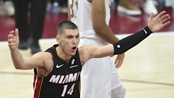 Apr 23, 2025; Cleveland, Ohio, USA; Miami Heat guard Tyler Herro (14) reacts in the third quarter of game two of the first round of the 2025 NBA Playoffs against the Cleveland Cavaliers at Rocket Arena. Mandatory Credit: David Richard-Imagn Images
