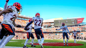 Cincinnati Bengals safety Geno Stone (22) and his teammates celebrate an interception in the 1st half NFL Week 7 game at Huntington Bank Field in Cleveland October 20, 2024. The Bengals won 21-14.